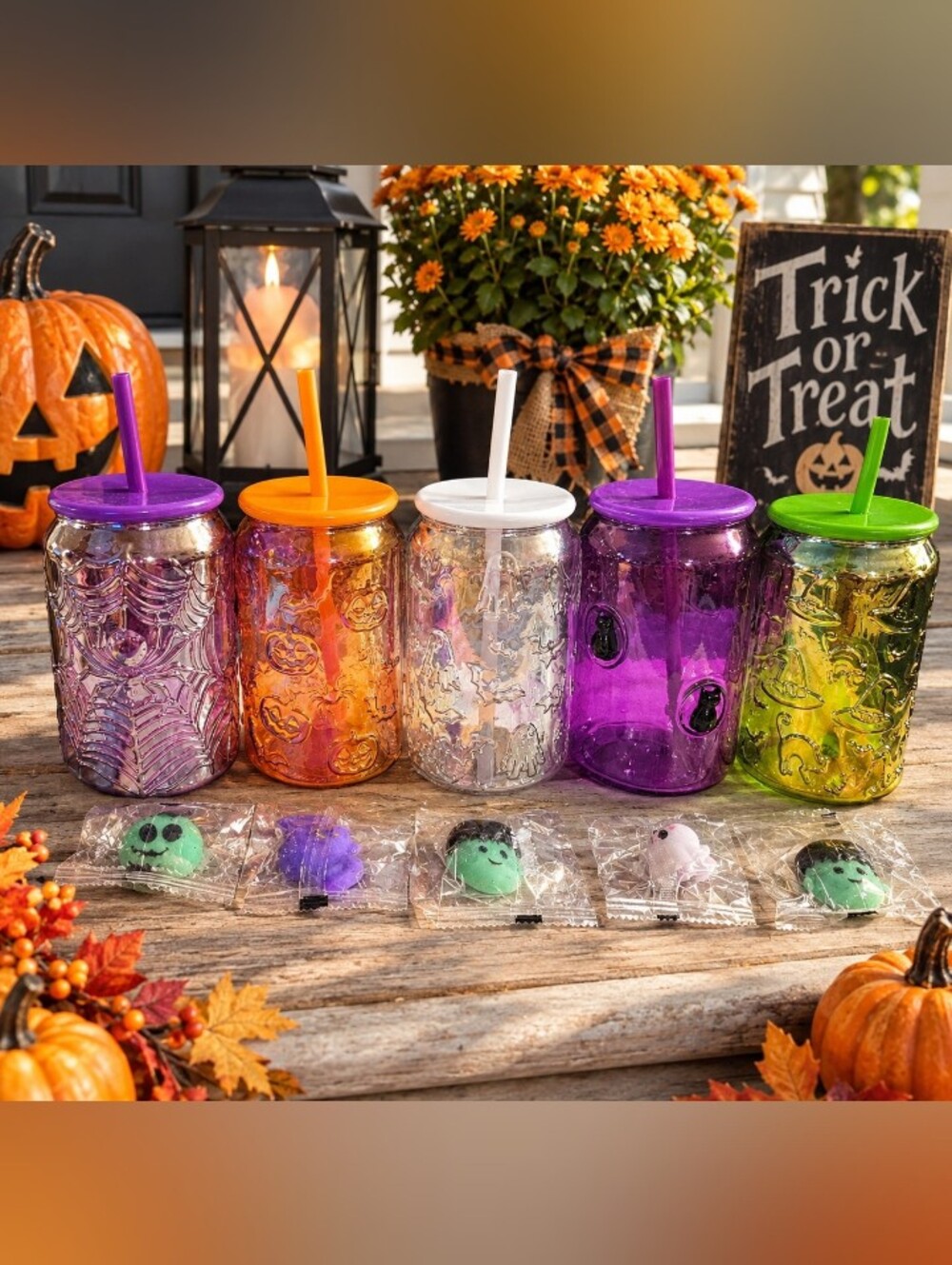 Halloween Ghost & Pumpkin  Mason Jar Tumbler with Straw BONUS SQUISHY NWT (1)